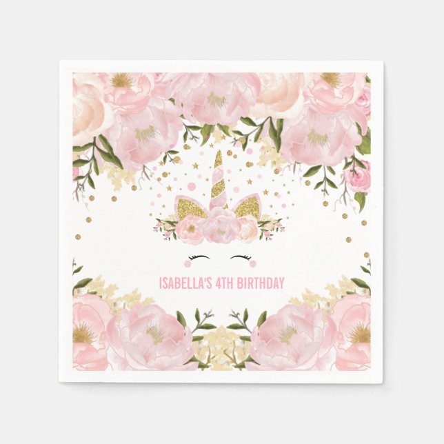 Girly Pastel Pink Gold Floral Birthday Party Napkin (Front)
