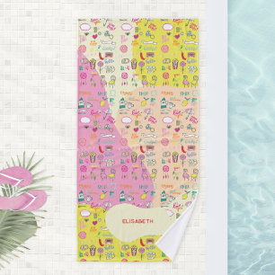 Girly Pastel Pink Kawaii Doodle Bath Towel