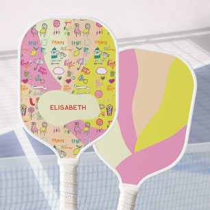 Girly Pastel Pink Kawaii Doodle Pickleball Paddle