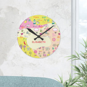 Girly Pastel Pink Kawaii Doodle Round Clock