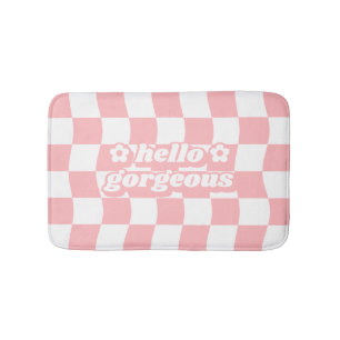 Girly Pastel Pink White Chequerboard Slogan Bath Mat