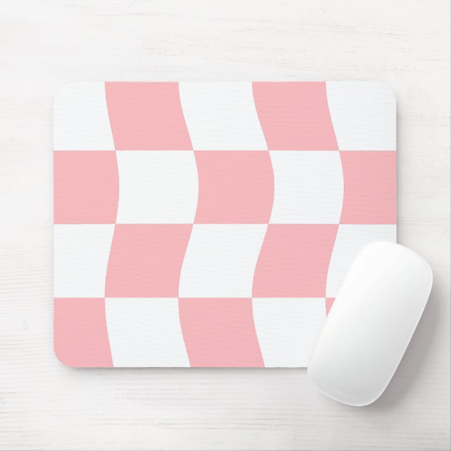 Girly Pastel Pink White Wavy Chequerboard Pattern Mouse Pad (With Mouse)