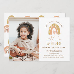 Girly Pastel Rainbow 6th Birthday Photo Invitation