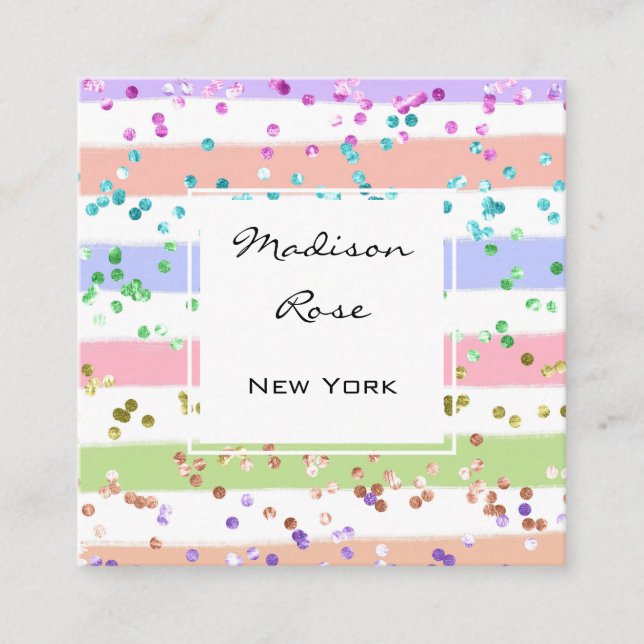 Girly Pastel Rainbow Unicorn Candy Pink and White Square Business Card (Front)