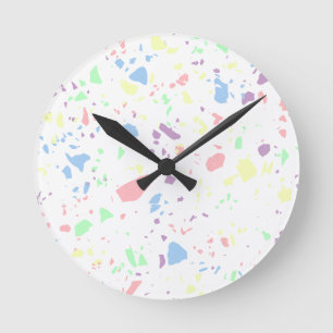 Girly Pastel Rainbow White Abstract Stone Pattern Round Clock