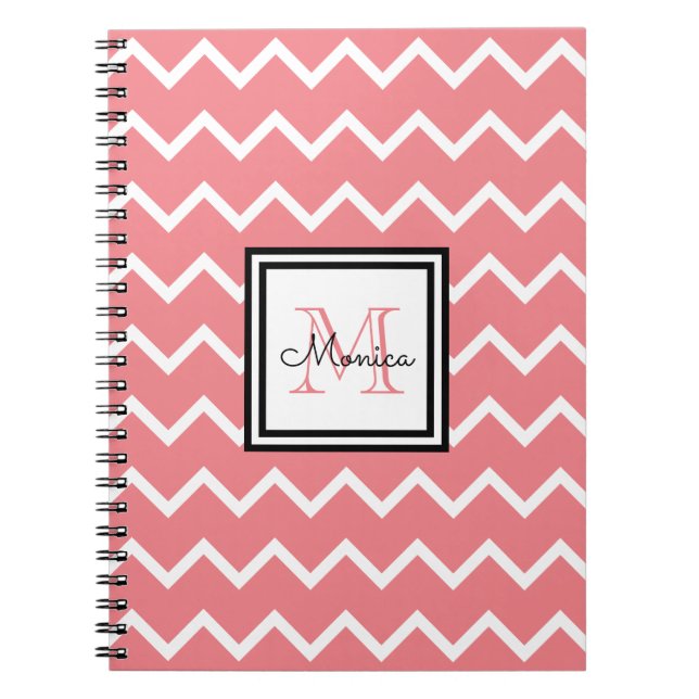 Girly Pastel Red Name Monogram Chevron Notebook (Front)