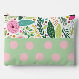 Girly pattern Green and pink polka dots and flower Accessory Pouch