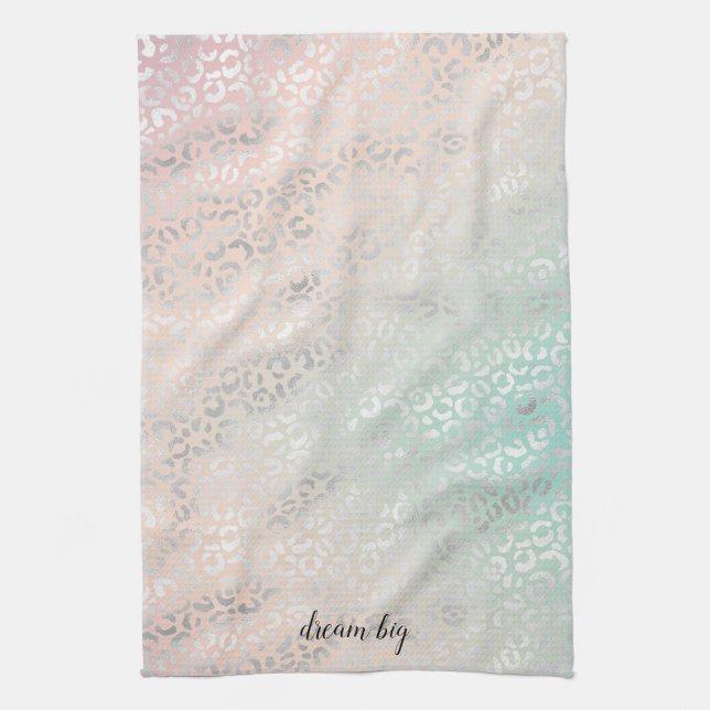 Girly Peach Aqua Tie Dye Silver Leopard Print Tea Towel (Vertical)