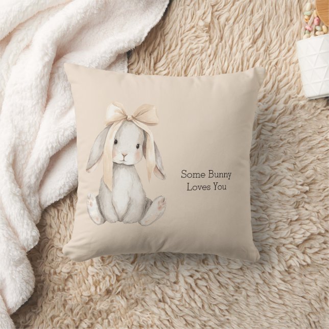 Girly Peach Bow Some Bunny Loves You Cushion (Blanket)