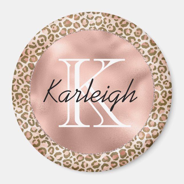 Girly Peach Brown Leopard Print Monogram Magnet (Front)