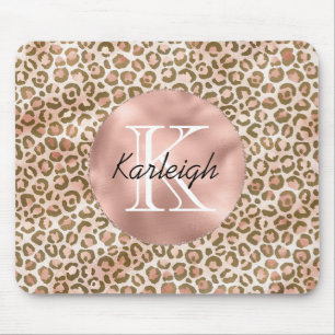 Girly Peach Brown Leopard Print Monogram Mouse Pad