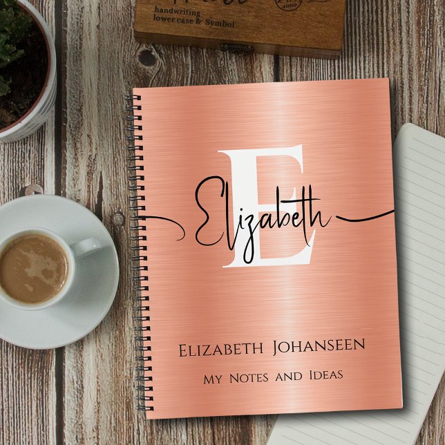 Girly Peach Brushed Metal Script Name Monogrammed Notebook (Creator Uploaded)