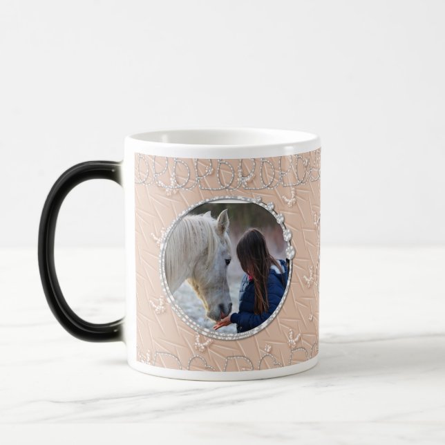 Girly Peach Faux Sparkly Two Photo Heart Accent Magic Mug (Left)