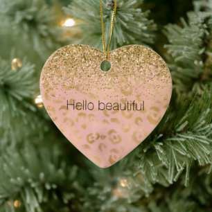 Girly Peach Gold Leopard Glitter           Ceramic Ornament