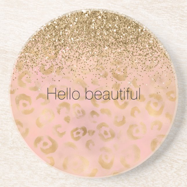 Girly Peach Gold Leopard Glitter         Coaster (Front)