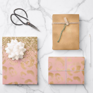 Girly Peach Gold Leopard Glitter Wrapping Paper Sheet
