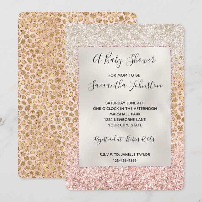 Girly Peach Gold Leopard Print Pink Glitter Glitzy Invitation (Front/Back)