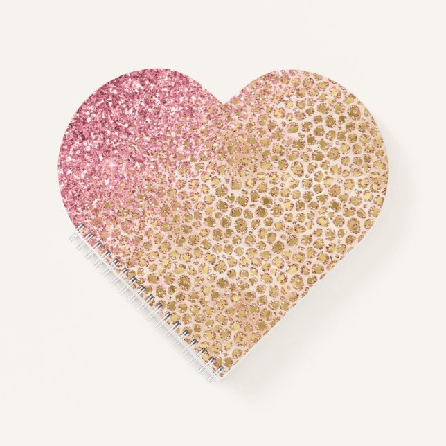 Girly Peach Gold Leopard Print Pink Glitter Glitzy Notebook (Front)