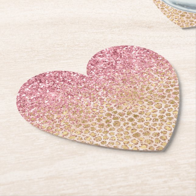 Girly Peach Gold Leopard Print Pink Glitter Glitzy Paper Coaster (Angled)