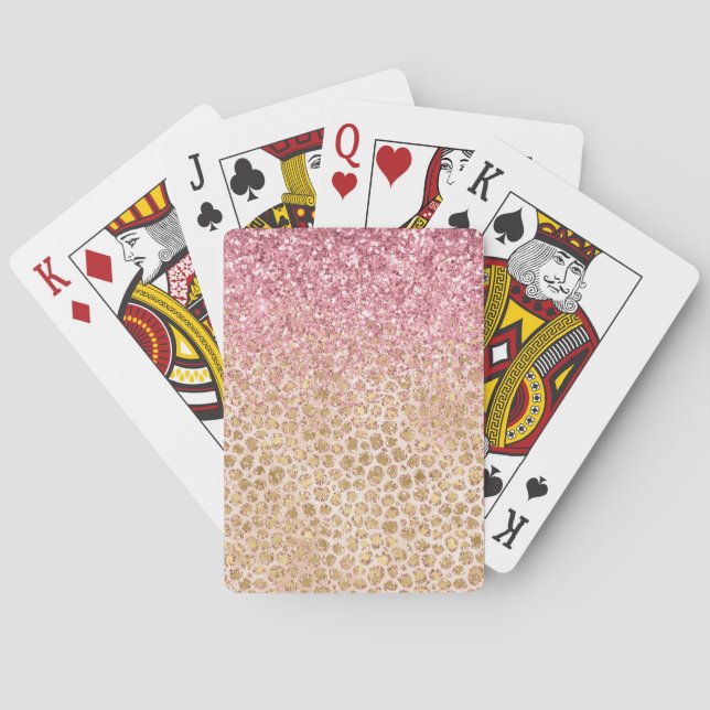 Girly Peach Gold Leopard Print Pink Glitter Glitzy Playing Cards (Back)
