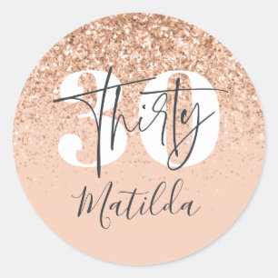 Girly peach grey glitter modern typography 30th classic round sticker