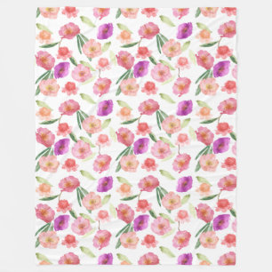 Girly Peach Pink Purple Floral Watercolor Fleece Blanket