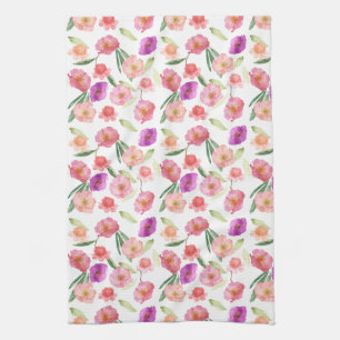 Girly Peach Pink Purple Floral Watercolor Tea Towel