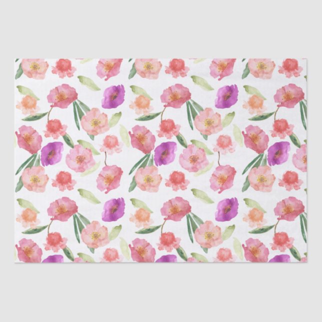 Girly Peach Pink Purple Floral Watercolor Tissue Paper (Front)