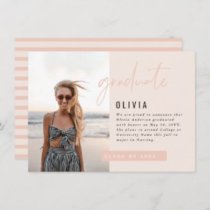 Girly peach pink script photo modern graduation invitation