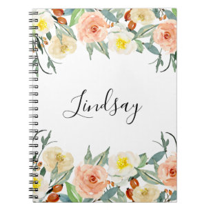 Girly Peach Watercolor Flowers Monogrammed Notebook