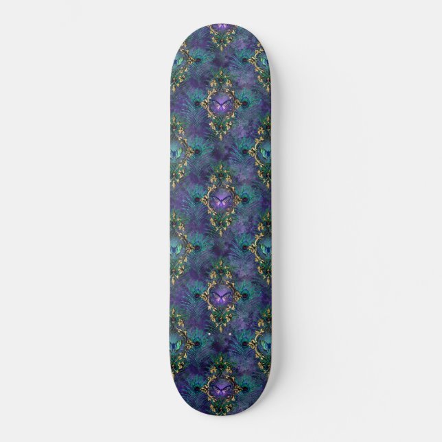Girly Peacock Feathers Butterfly Fantasy  Skateboard (Front)