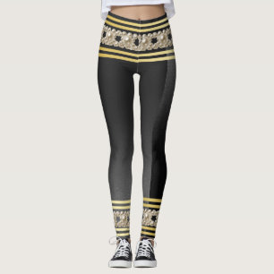 Girly Pearls Modern Gold Black Stripes Stylish Leggings