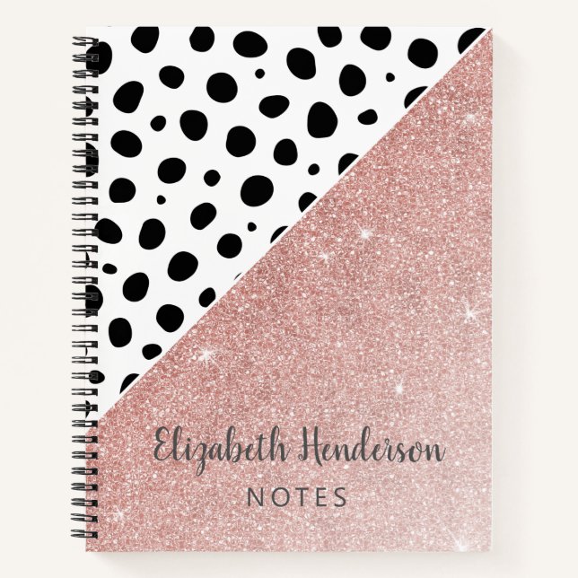Girly Personalised Black Dots Rose Gold Glitter No Notebook (Front)