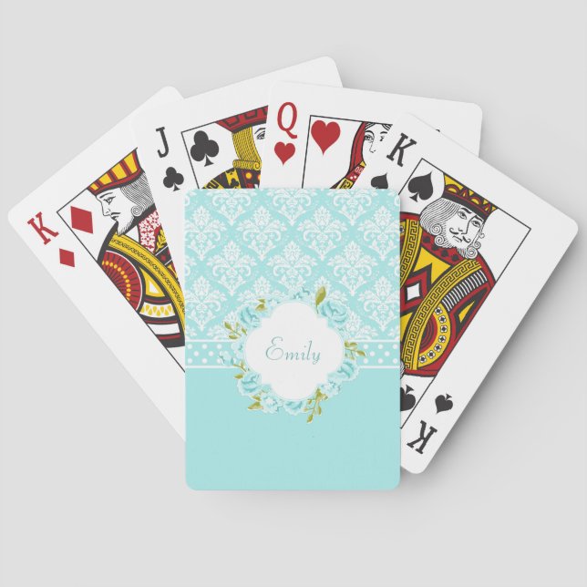 Girly Personalised Mint Damask, Dots and Flowers Playing Cards (Back)