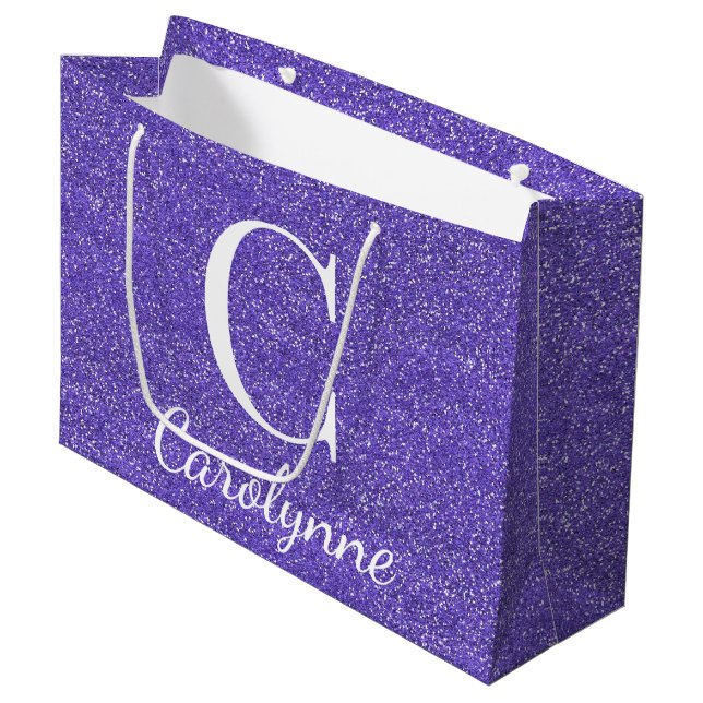 Girly Personalised Purple Faux Glitter Large Gift Bag (Front Angled)