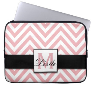 GIRLY, PERSONALIZED CORAL PINK CHEVRON PATTERN LAPTOP SLEEVE