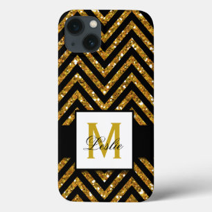 GIRLY, PERSONALIZED GOLD GLITTER CHEVRON PATTERN iPhone 13 CASE