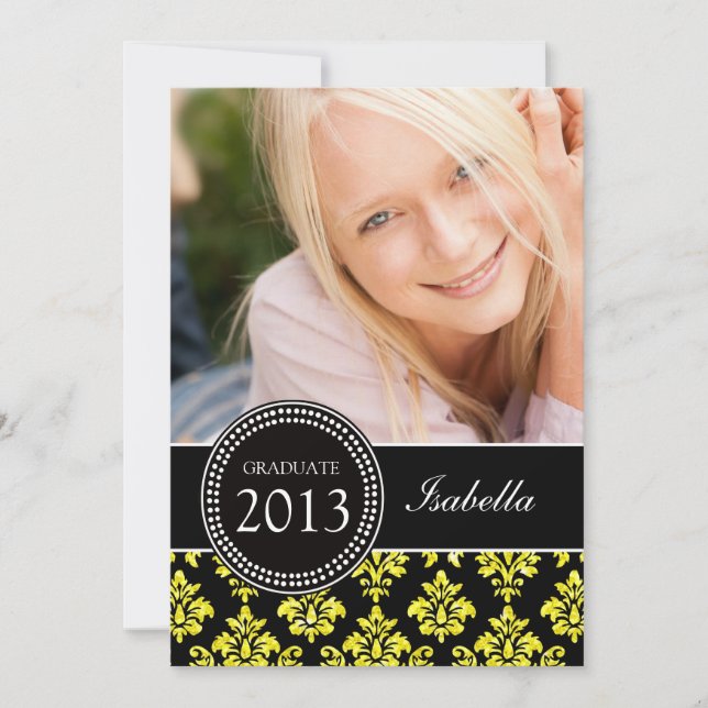GIRLY PHOTO GRAD INVITE | YELLOW GLITTER DAMASK (Front)