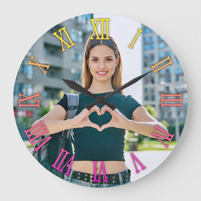 Girly Photo Yellow Magenta Ombre Roman Numerals Large Clock (Front)