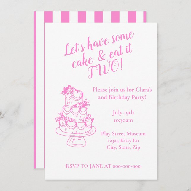 Girly Pink 2nd Birthday Invitation - Cake Theme  (Front/Back)