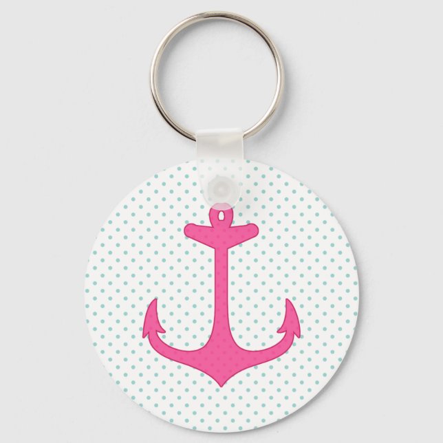 Girly Pink Anchor Polka Dot Nautical Design Key Ring (Front)