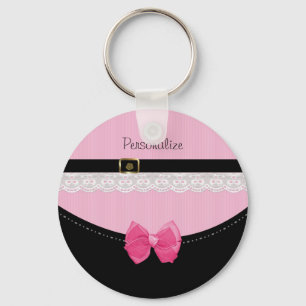 Girly Pink and Black Baby Shoes With Bow and Name Key Ring