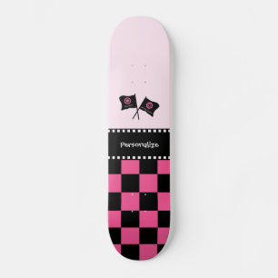 Girly Pink and Black Chequered Racing Flags and Na Skateboard