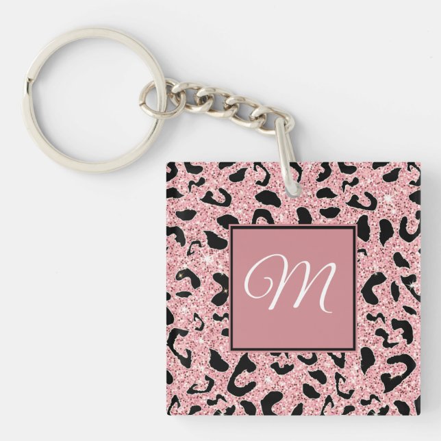 Girly Pink and Black Leopard White Script Initial Key Ring (Front)