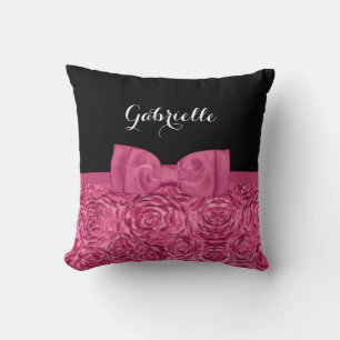 Girly Pink and Black Rose Floral Cute Bow Cushion