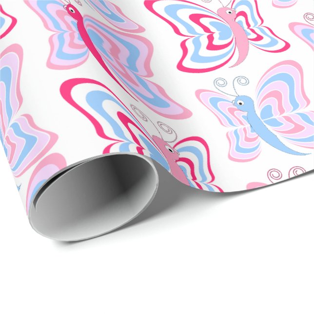 Girly Pink and Blue Butterfly Pattern Wrapping Paper (Roll Corner)