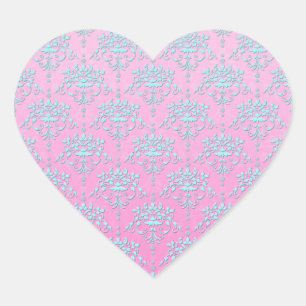 Girly Pink and Blue Floral Damask Heart Sticker