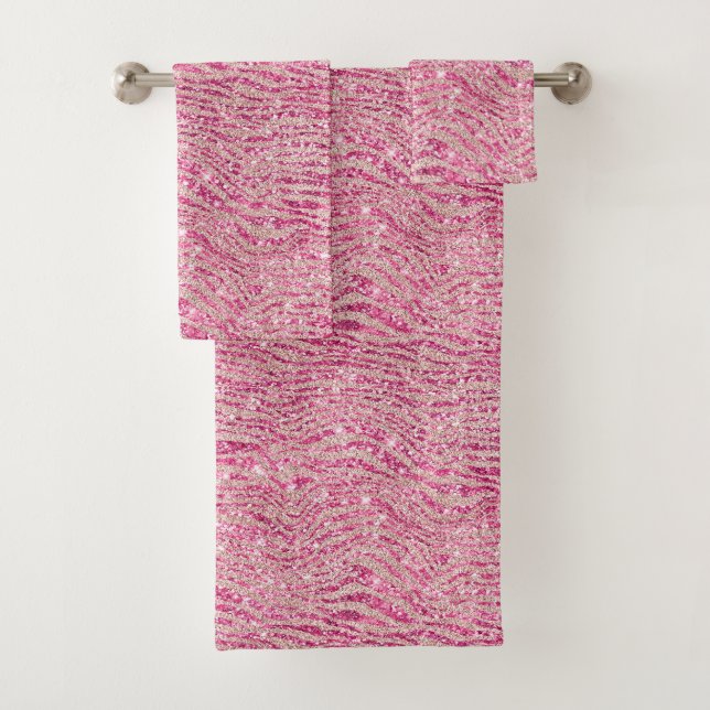 Girly Pink and Blush Glitter Zebra Bath Towel Set (Insitu)