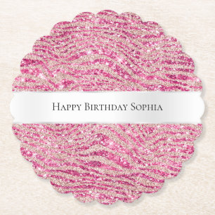 Girly Pink and Blush Glitter Zebra Birthday Paper Coaster