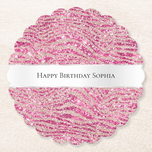 Girly Pink and Blush Glitter Zebra Birthday Paper Coaster (Front)